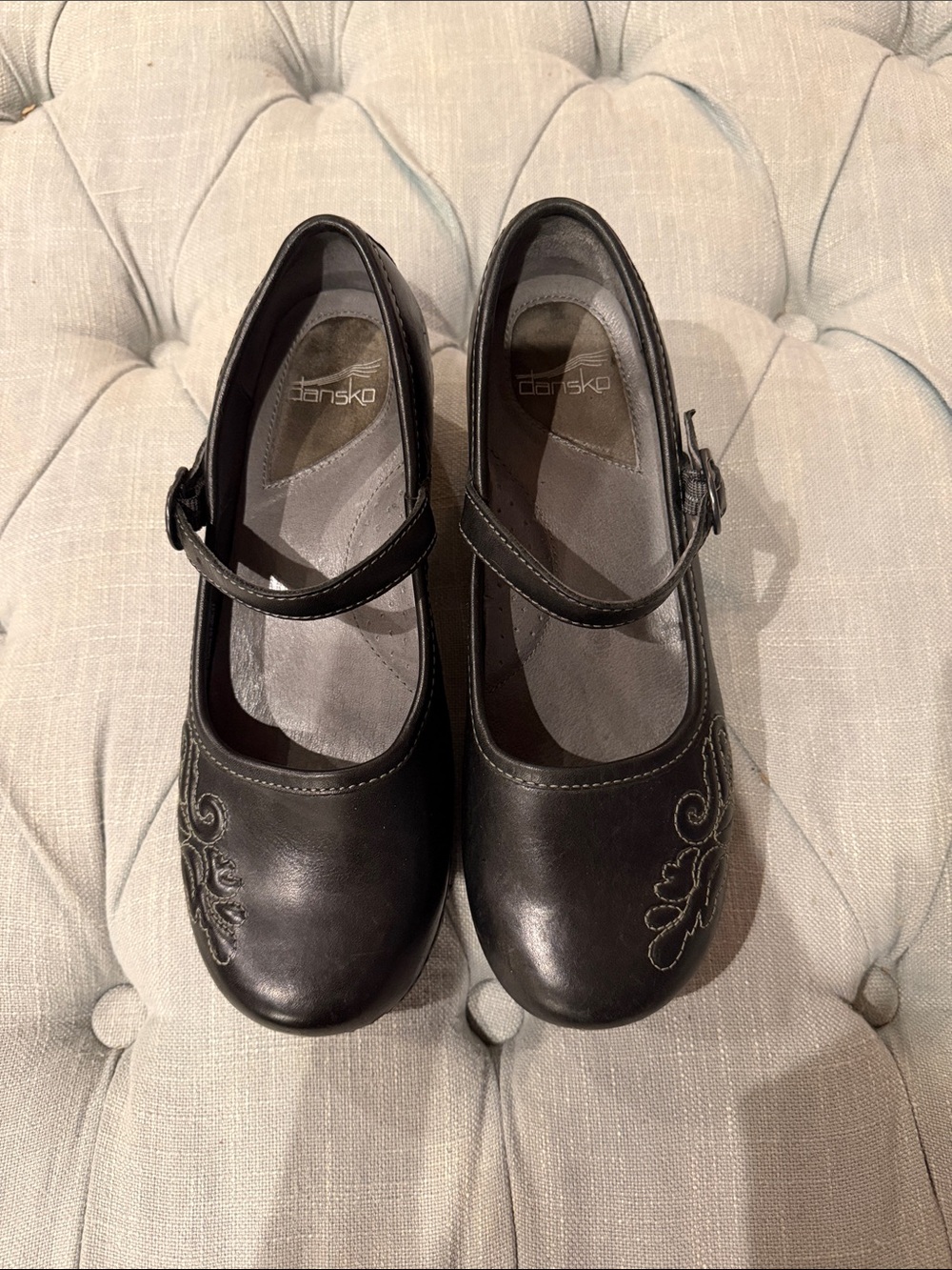 Dansko Black Girls' Mary Jane Dress Shoes with Embroidered Detail